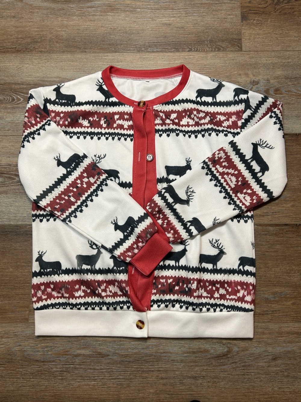 Men’s Red and Cream Reindeer Pattern Cardigan